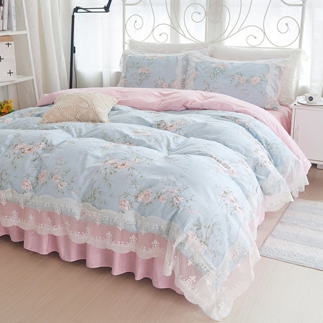  ̽ Ÿ  ÷ζ ư ħ ĿƮ ħ Ʈ ư 4pcs ħ ŷ  Ʈ  ̺ / ̺ Ŀ Ʈ/Princess lace style garden Floral Cotton Bed Skirt bedding set cotton 4pcs b